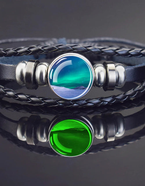 Load image into Gallery viewer, Steampunk Luminous Bracelet - Northern Lights Glass Cabochon Leather Bangle

