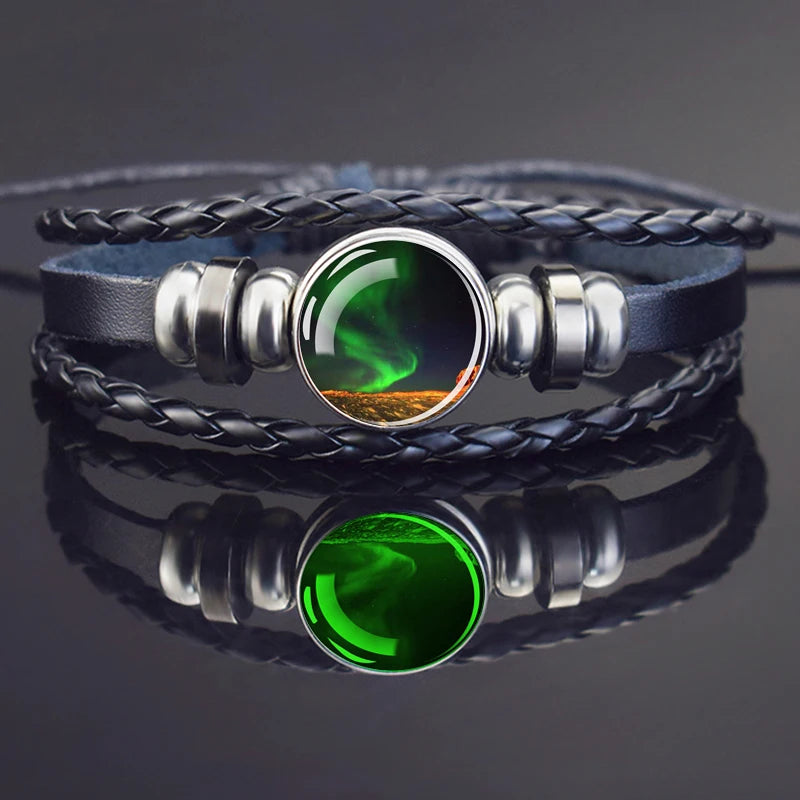 Steampunk Luminous Bracelet - Northern Lights Glass Cabochon Leather Bangle