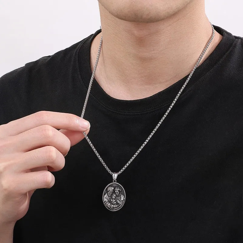 Vintage Christian Jesus Necklace for Men - Stainless Steel Coin Pendant