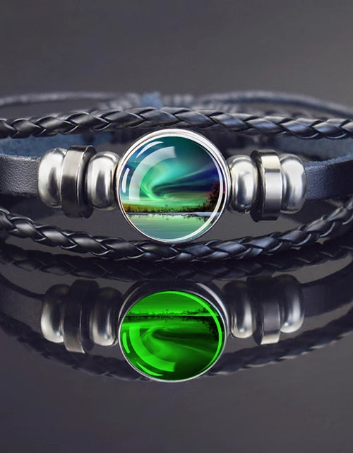 Load image into Gallery viewer, Steampunk Luminous Bracelet - Northern Lights Glass Cabochon Leather Bangle

