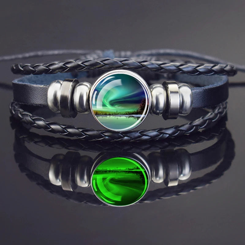 Steampunk Luminous Bracelet - Northern Lights Glass Cabochon Leather Bangle