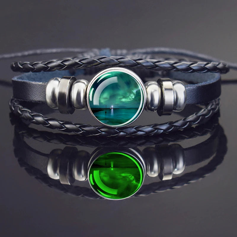 Steampunk Luminous Bracelet - Northern Lights Glass Cabochon Leather Bangle