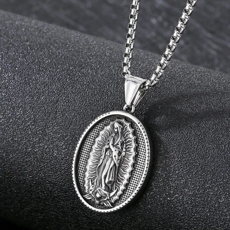 Vintage Christian Jesus Necklace for Men - Stainless Steel Coin Pendant