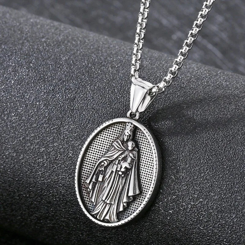 Vintage Christian Jesus Necklace for Men - Stainless Steel Coin Pendant
