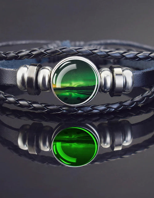Load image into Gallery viewer, Steampunk Luminous Bracelet - Northern Lights Glass Cabochon Leather Bangle
