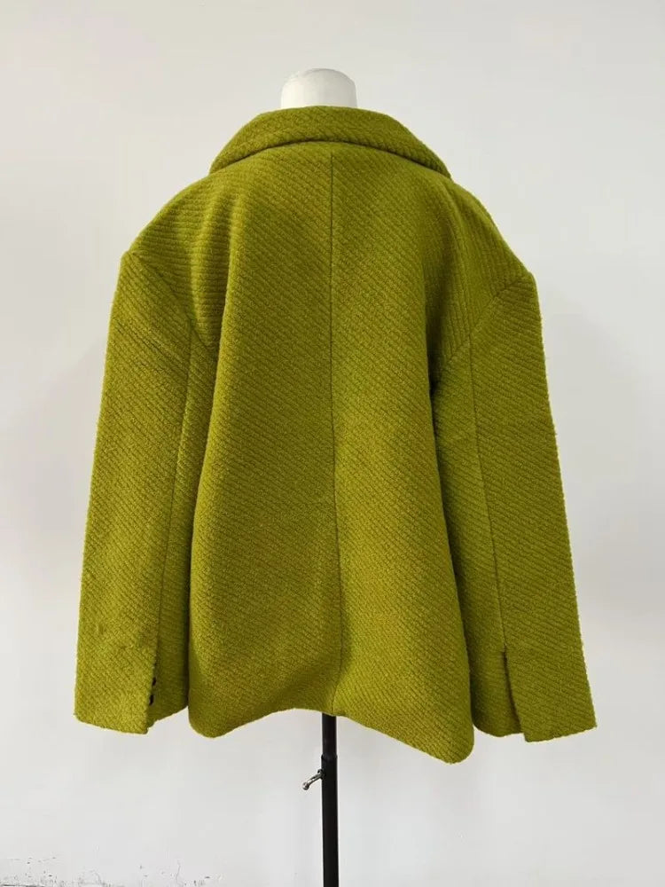 Insozkdg Mustard Green Woolen Women Jackets 2025 New Autumn Winter High-end Sense Loose Mid-length Casual Coat Women Clothing