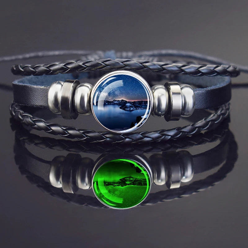 Steampunk Luminous Bracelet - Northern Lights Glass Cabochon Leather Bangle