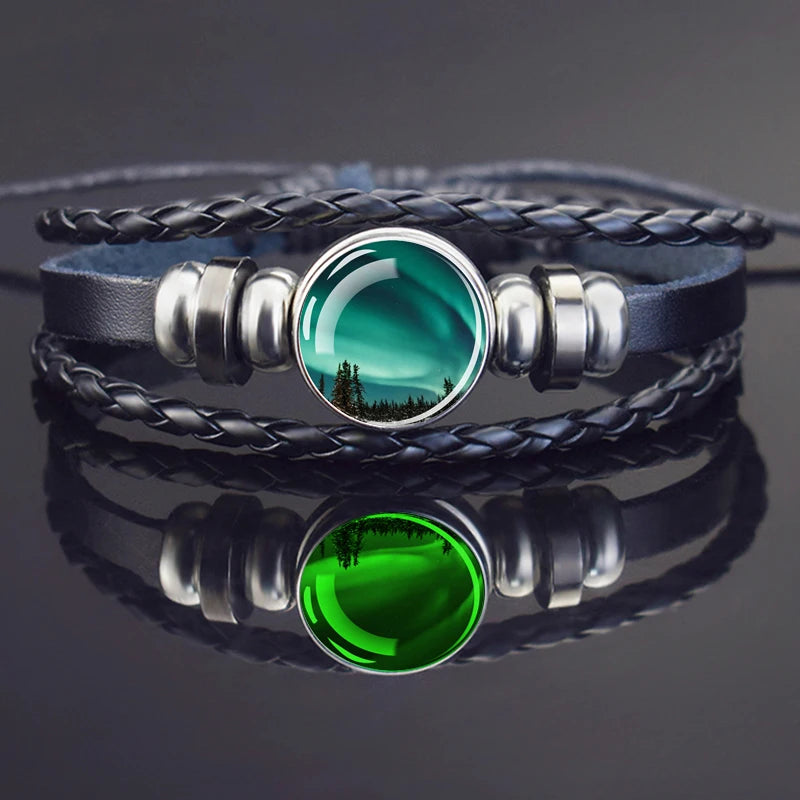 Steampunk Luminous Bracelet - Northern Lights Glass Cabochon Leather Bangle