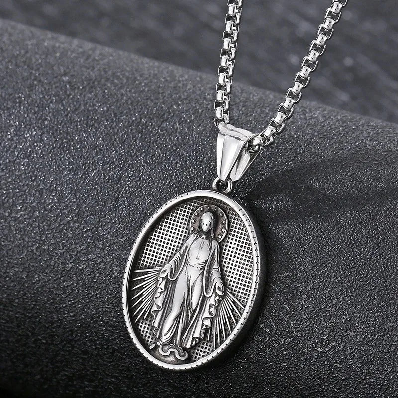 Vintage Christian Jesus Necklace for Men - Stainless Steel Coin Pendant