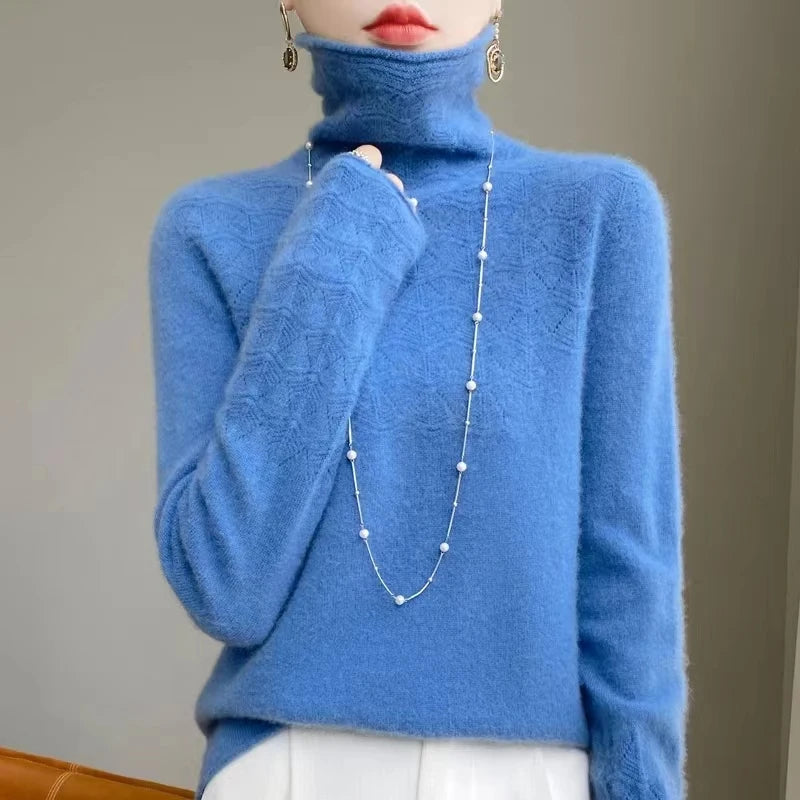 Women's 100% Merino Wool Pullover Sweater - High Neck Winter Sweater