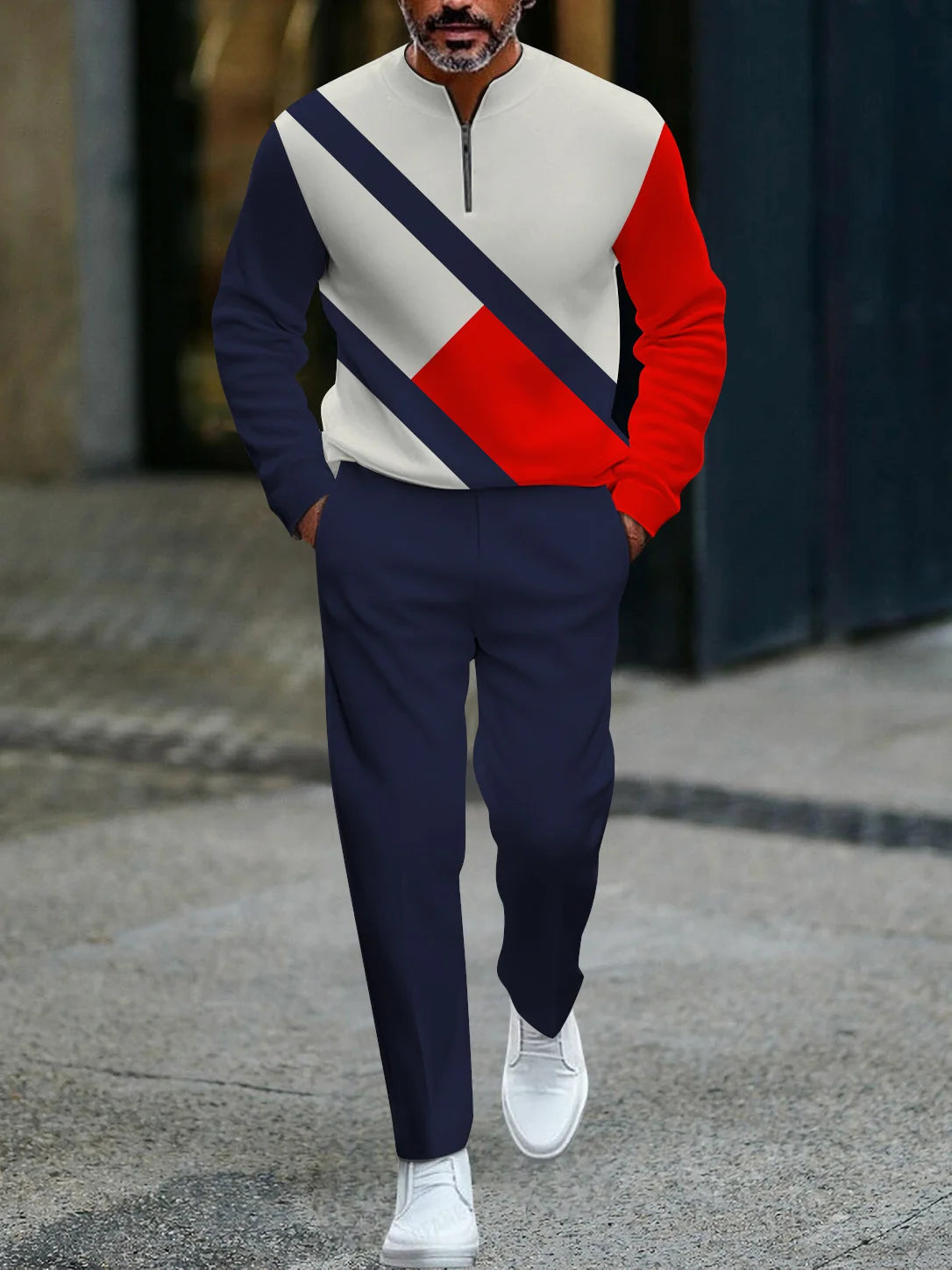 3D Printed Tracksuit Set - Half Zip Sweatshirt & Pants