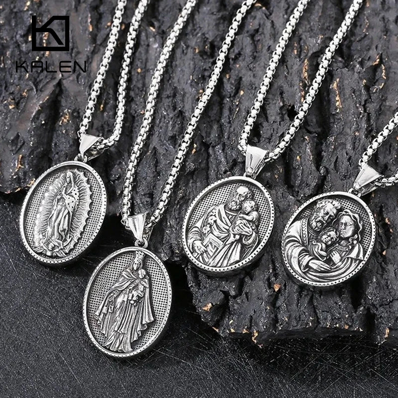 Vintage Christian Jesus Necklace for Men - Stainless Steel Coin Pendant