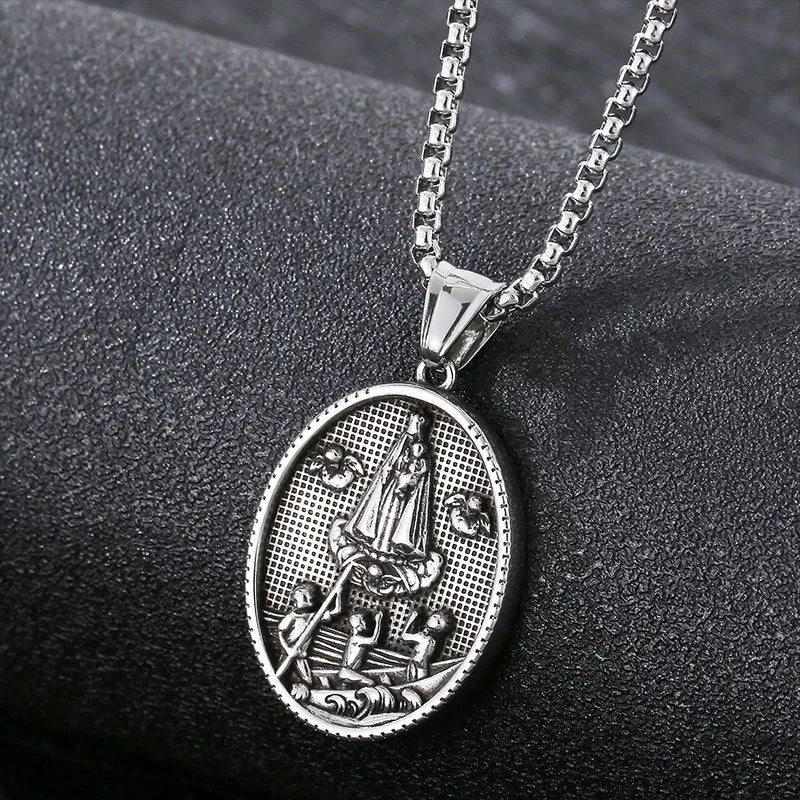 Vintage Christian Jesus Necklace for Men - Stainless Steel Coin Pendant