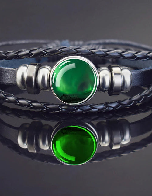 Load image into Gallery viewer, Steampunk Luminous Bracelet - Northern Lights Glass Cabochon Leather Bangle

