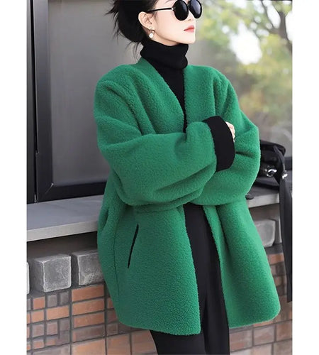 Women's Style Woolen Coat Green Lamb Wool Versatile Jacket Top Female Outerwear