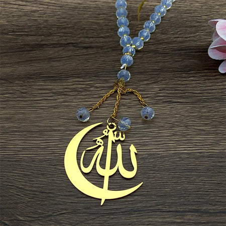 Muslim Allah Crescent Moon Key chain - Gold Stainless Steel with Prayer Beads