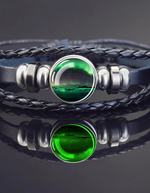 Load image into Gallery viewer, Steampunk Luminous Bracelet - Northern Lights Glass Cabochon Leather Bangle

