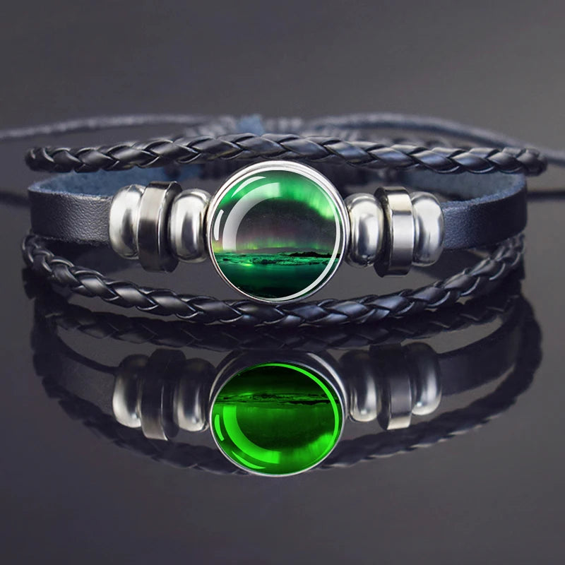 Steampunk Luminous Bracelet - Northern Lights Glass Cabochon Leather Bangle