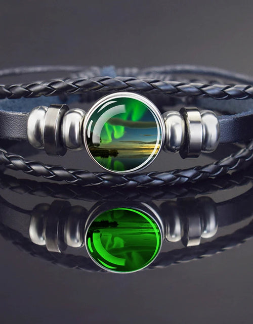 Load image into Gallery viewer, Steampunk Luminous Bracelet - Northern Lights Glass Cabochon Leather Bangle
