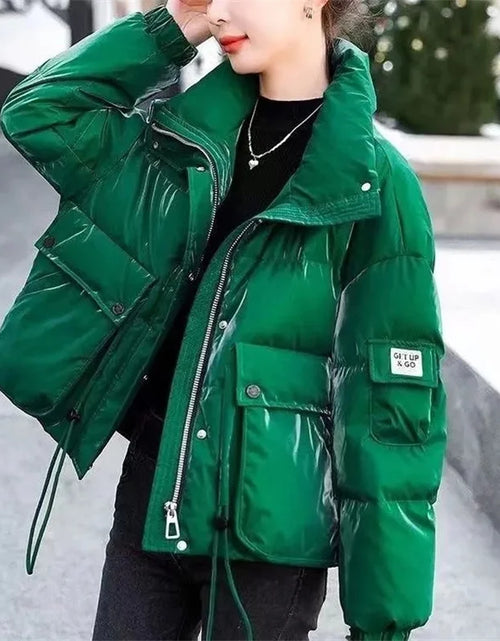 Load image into Gallery viewer, Women's Green Glossy Down Cotton Parka - Short Winter Jacket 2025
