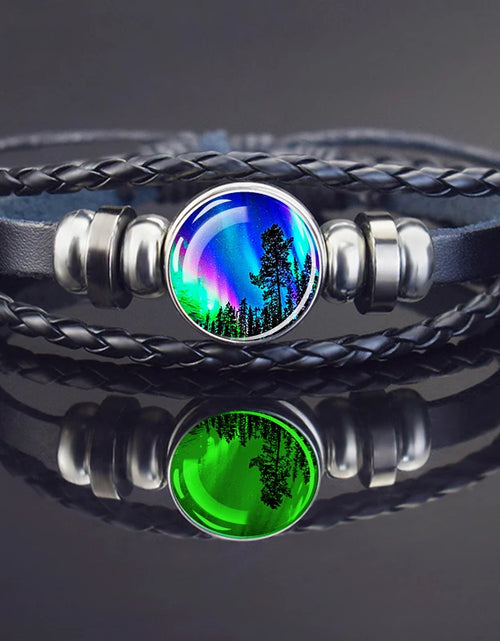 Load image into Gallery viewer, Steampunk Luminous Bracelet - Northern Lights Glass Cabochon Leather Bangle
