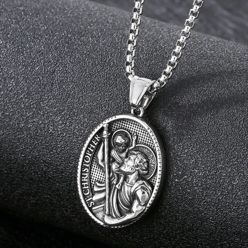 Vintage Christian Jesus Necklace for Men - Stainless Steel Coin Pendant