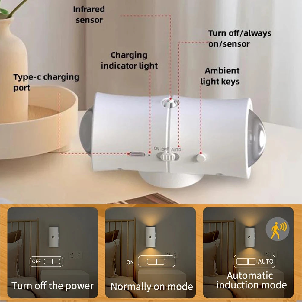 RGB 7colors Motion Sensor LED Night Light USB Charging Intelligent Human Induction Double Head Cabinet Lamp Kitchen Stairs Light