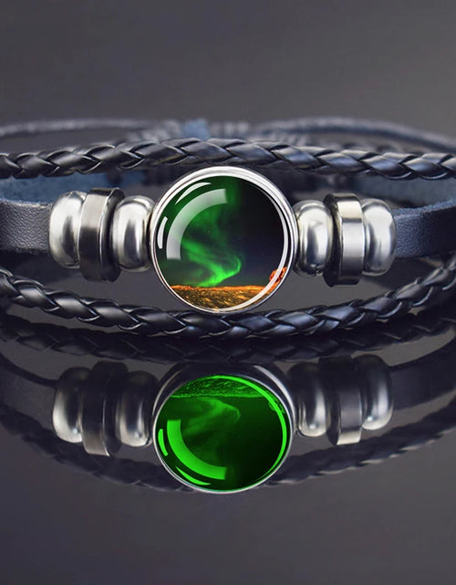 Load image into Gallery viewer, Steampunk Luminous Bracelet - Northern Lights Glass Cabochon Leather Bangle
