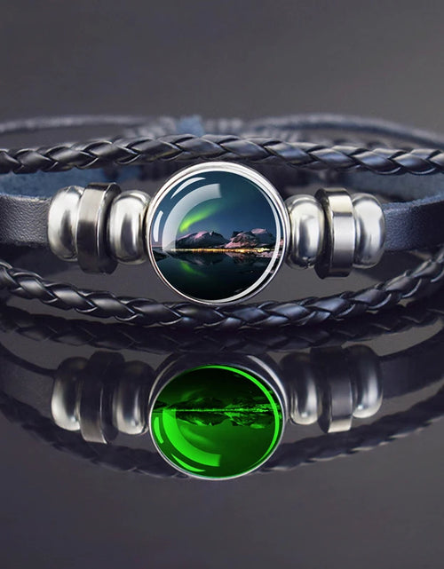 Load image into Gallery viewer, Steampunk Luminous Bracelet - Northern Lights Glass Cabochon Leather Bangle
