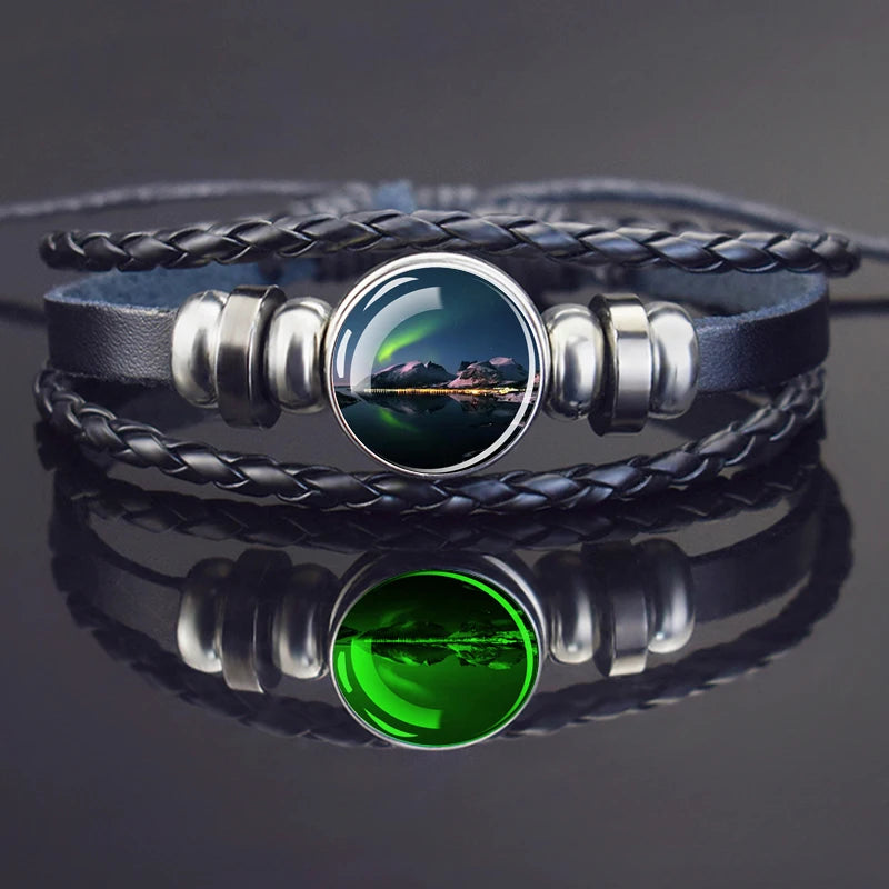 Steampunk Luminous Bracelet - Northern Lights Glass Cabochon Leather Bangle