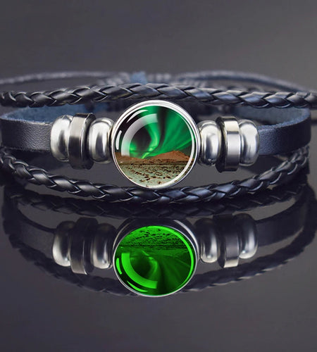 Steampunk Luminous Bracelet - Northern Lights Glass Cabochon Leather Bangle