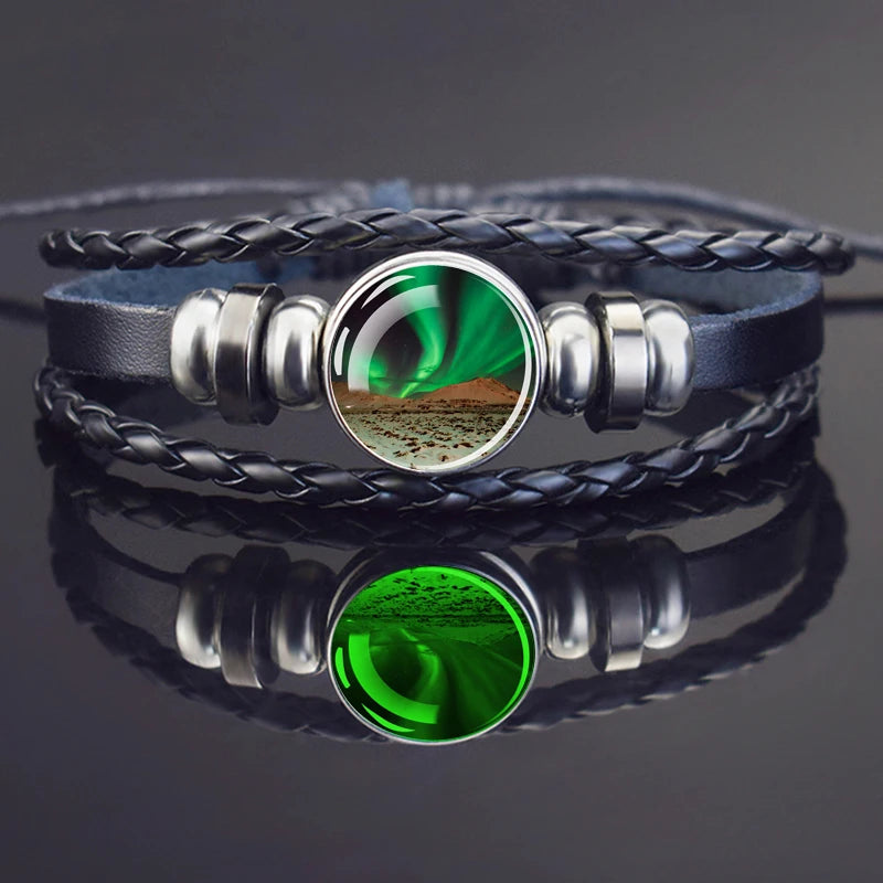 Steampunk Luminous Bracelet - Northern Lights Glass Cabochon Leather Bangle
