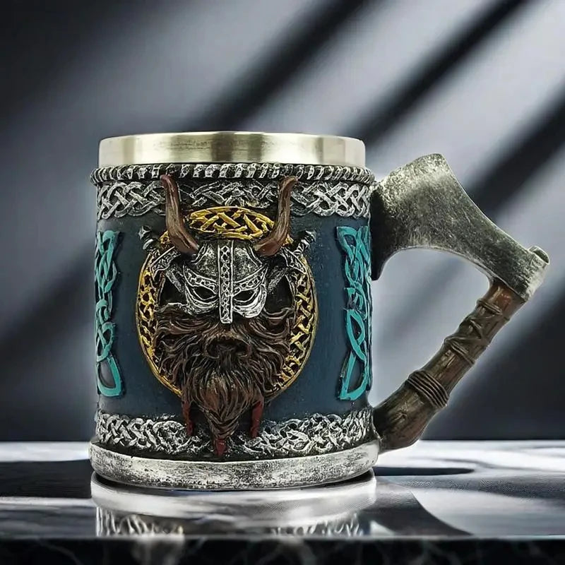 Viking Beer Glass - Valhalla Warrior Resin Stainless Steel Tankard Mug