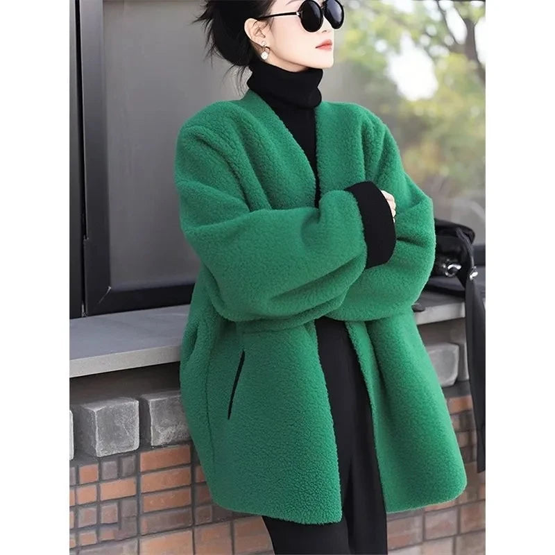 Women's Style Woolen Coat Green Lamb Wool Versatile Jacket Top Female Outerwear