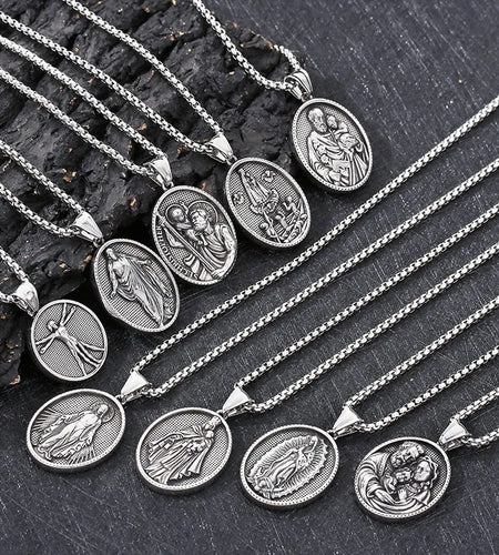 Vintage Christian Jesus Necklace for Men - Stainless Steel Coin Pendant