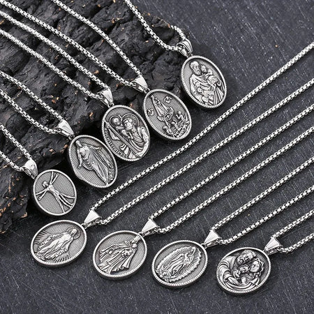 Vintage Christian Jesus Necklace for Men - Stainless Steel Coin Pendant