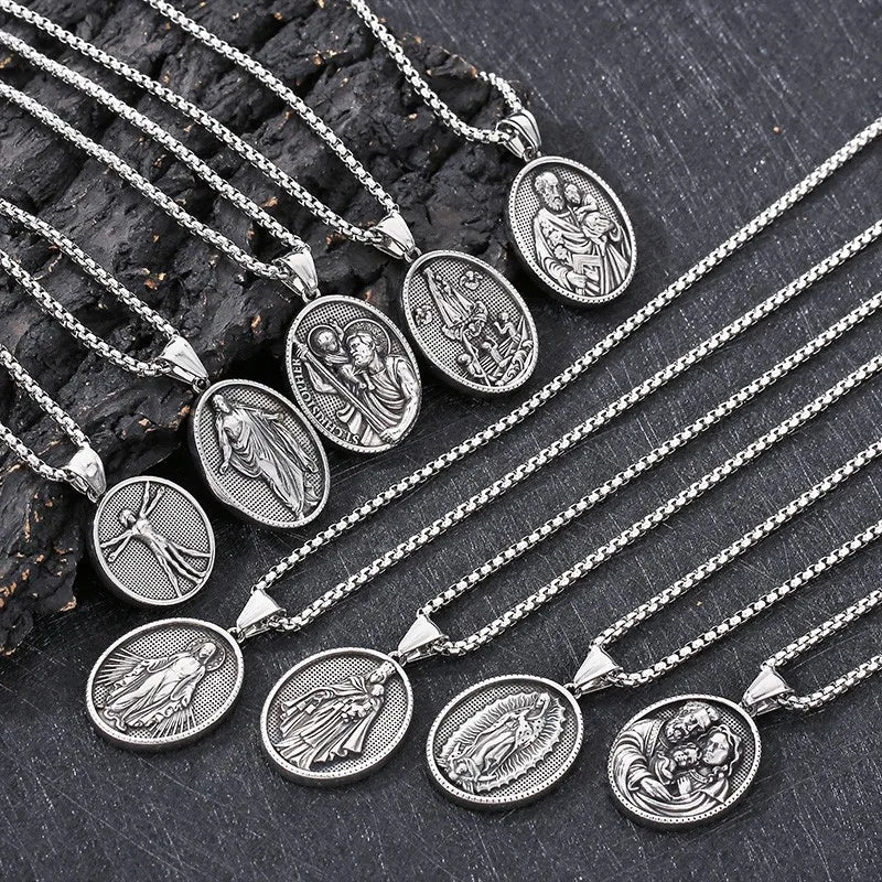 Vintage Christian Jesus Necklace for Men - Stainless Steel Coin Pendant