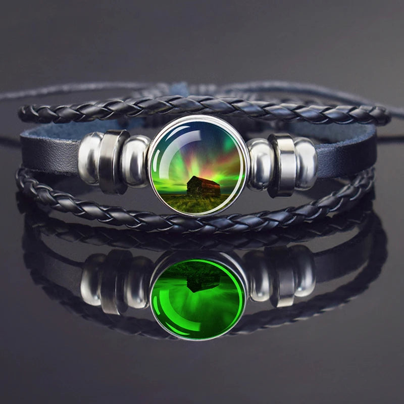 Steampunk Luminous Bracelet - Northern Lights Glass Cabochon Leather Bangle