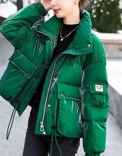 Load image into Gallery viewer, Women's Green Glossy Down Cotton Parka - Short Winter Jacket 2025

