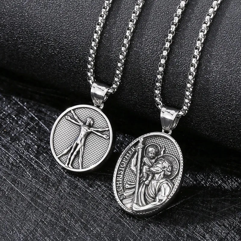 Vintage Christian Jesus Necklace for Men - Stainless Steel Coin Pendant