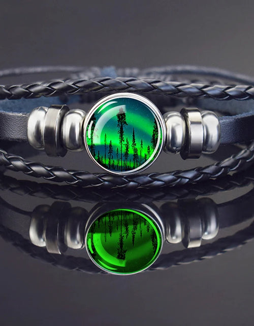 Load image into Gallery viewer, Steampunk Luminous Bracelet - Northern Lights Glass Cabochon Leather Bangle
