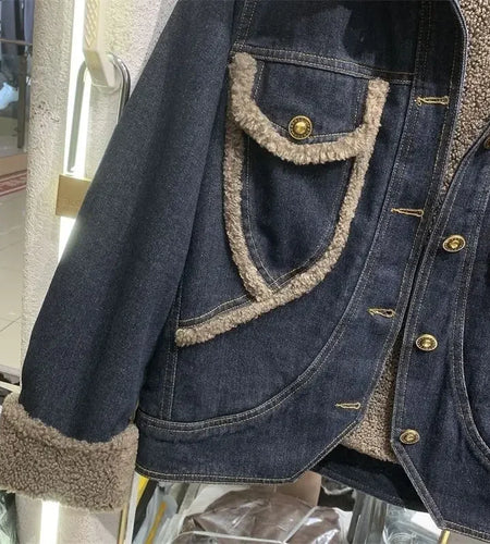 Women's Fur Plush Denim Jacket - Padded Short Winter Coat