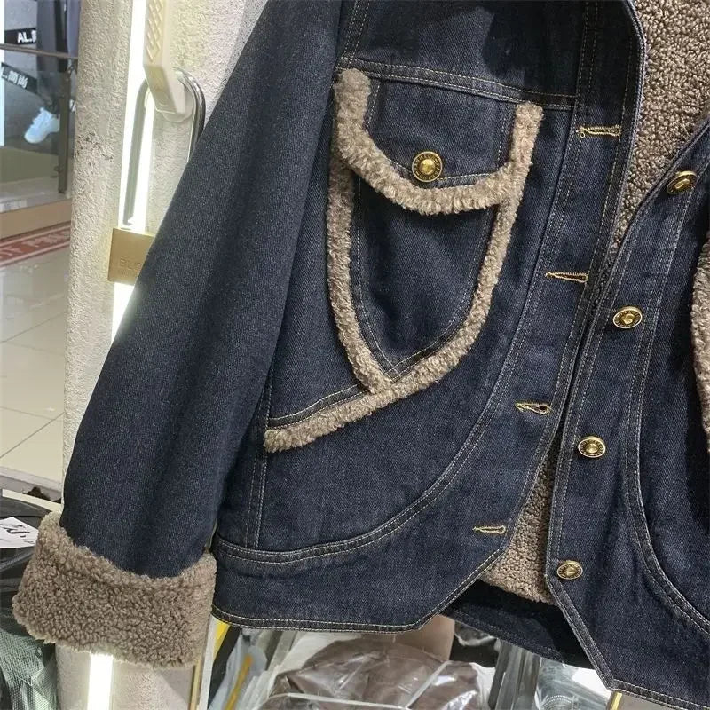 Women's Fur Plush Denim Jacket - Padded Short Winter Coat
