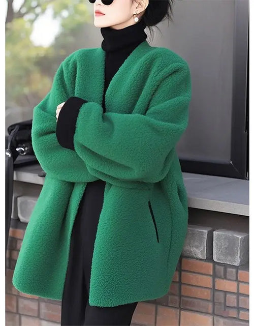 Load image into Gallery viewer, Women's Style Woolen Coat Green Lamb Wool Versatile Jacket Top Female Outerwear
