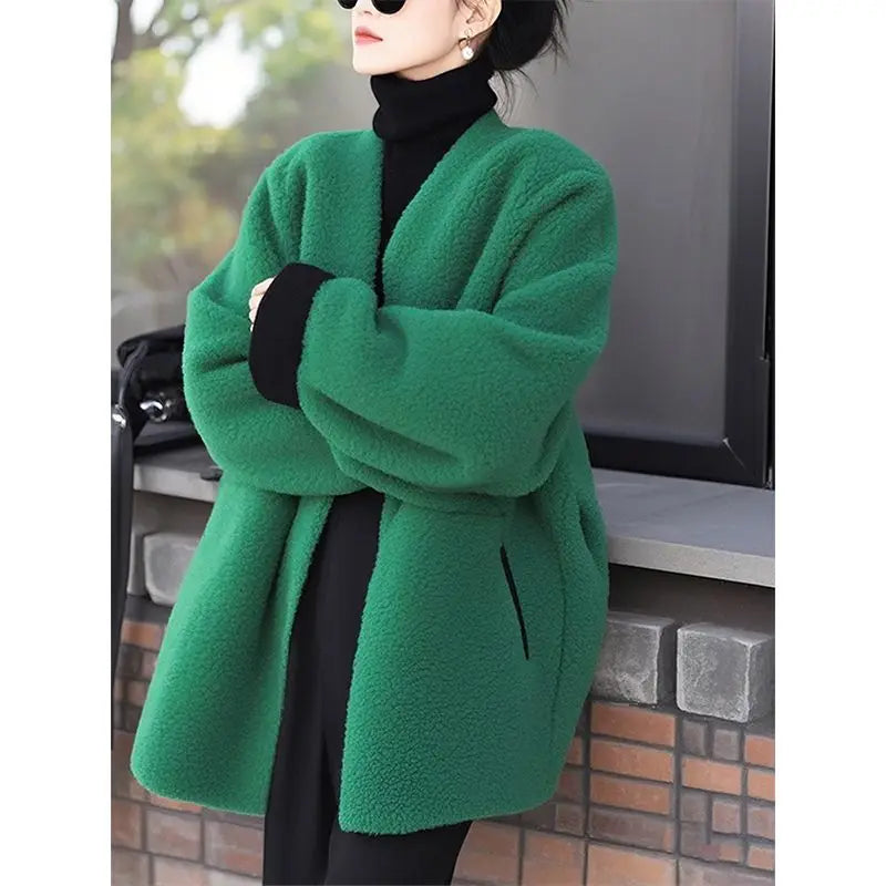 Women's Style Woolen Coat Green Lamb Wool Versatile Jacket Top Female Outerwear