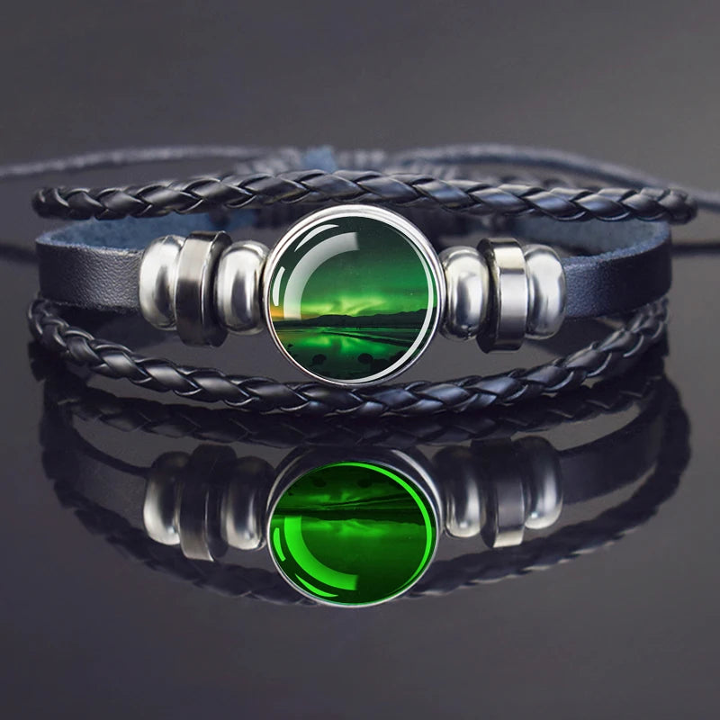 Steampunk Luminous Bracelet - Northern Lights Glass Cabochon Leather Bangle