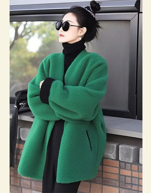 Load image into Gallery viewer, Women's Style Woolen Coat Green Lamb Wool Versatile Jacket Top Female Outerwear
