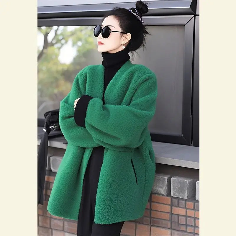 Women's Style Woolen Coat Green Lamb Wool Versatile Jacket Top Female Outerwear