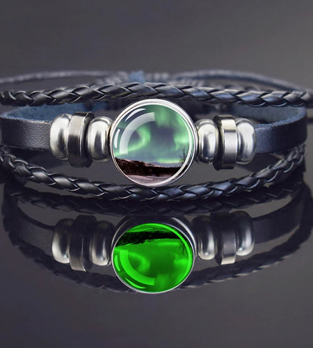 Steampunk Luminous Bracelet - Northern Lights Glass Cabochon Leather Bangle
