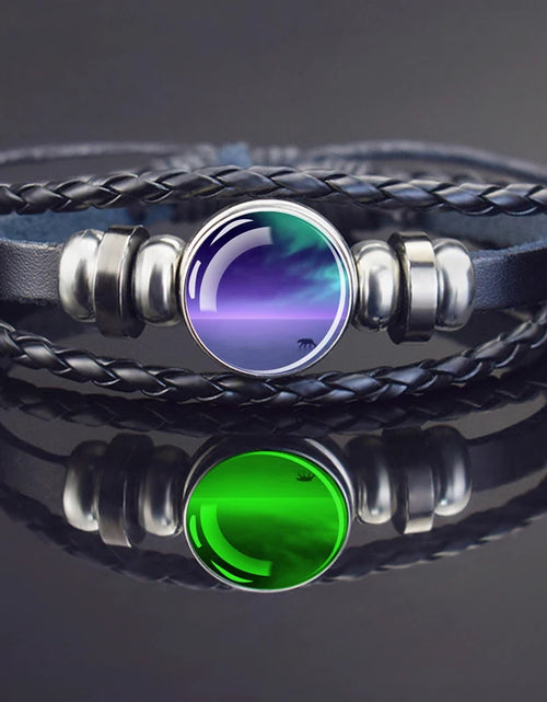 Load image into Gallery viewer, Steampunk Luminous Bracelet - Northern Lights Glass Cabochon Leather Bangle
